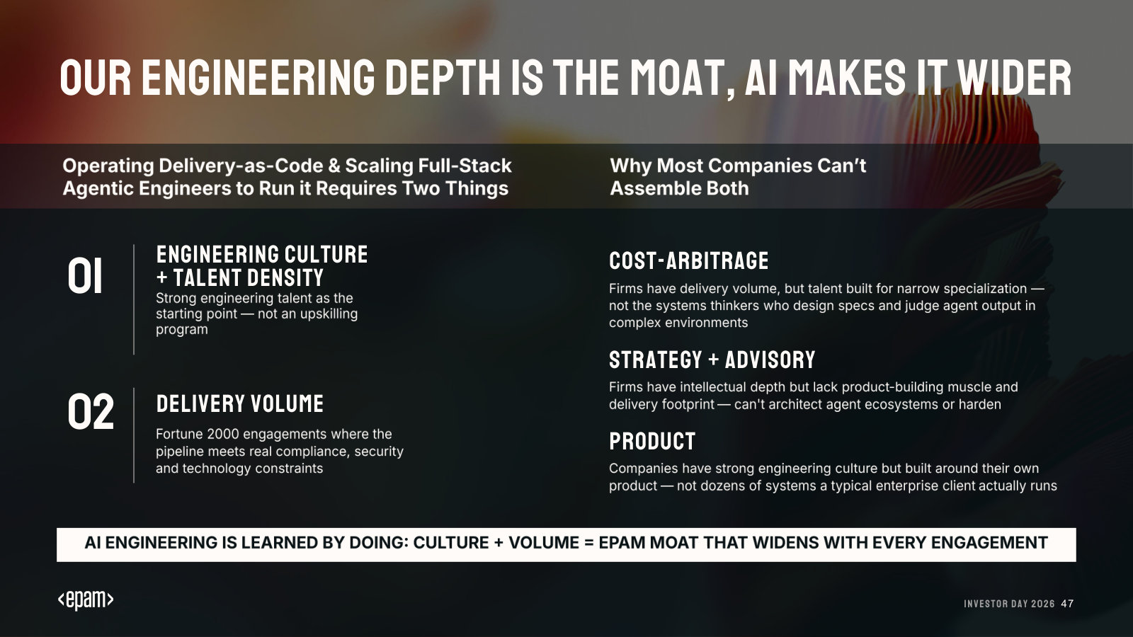 The moat argument: running agentic delivery needs both engineering culture and delivery volume — why most rivals can't assemble both.