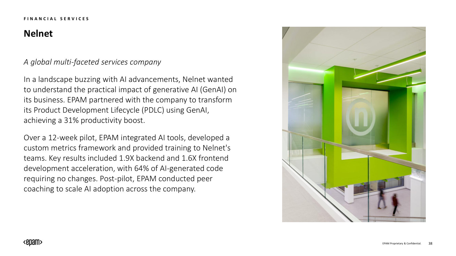 Client case — Nelnet: a 12-week GenAI pilot lifting developer productivity 31%, with 64% of AI-generated code needing no changes.