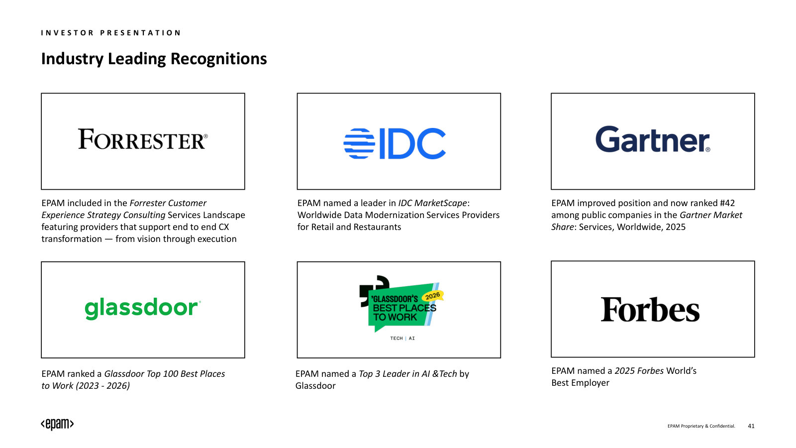 Third-party positioning: analyst and employer recognitions from Forrester, IDC, Gartner, Glassdoor and Forbes.